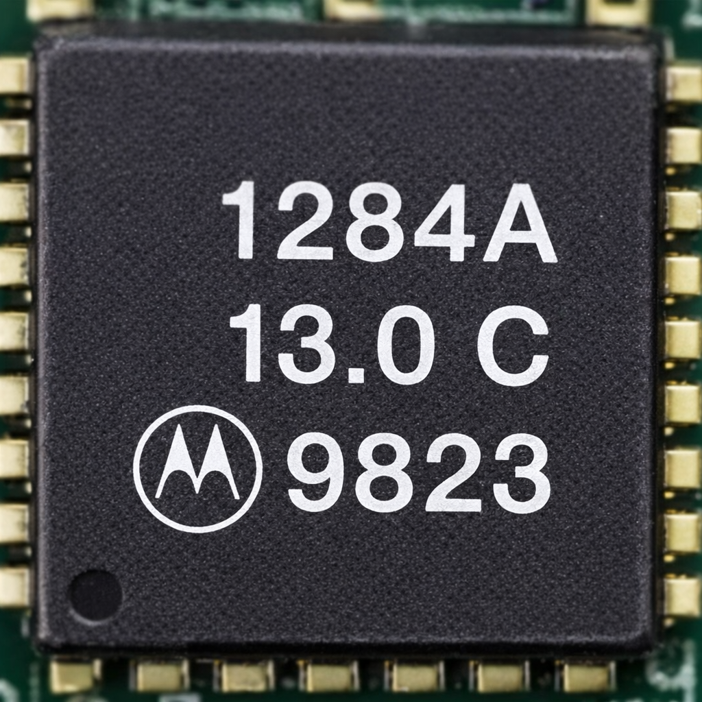 Motorola crystal oscillator chip with markings 1284A, 13.0 C, Motorola logo, and date code 9823